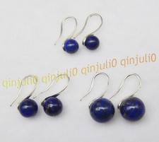 Natural 6mm 8mm 10mm Blue Lapis Lazuli Round Gems Dangle Silver Hook Earrings AA