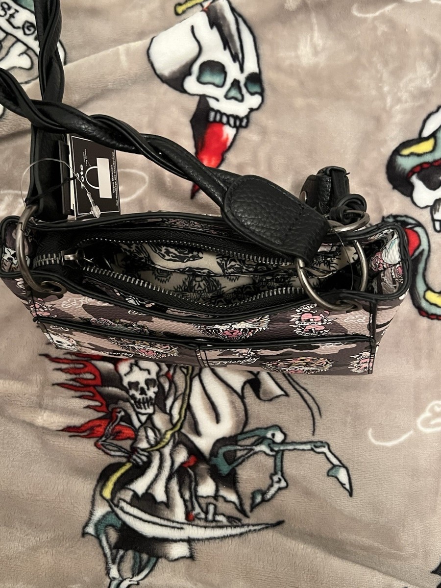 Ed Hardy Small Tote Gray & Pinks Skull Pink Roses Tiger Dagger