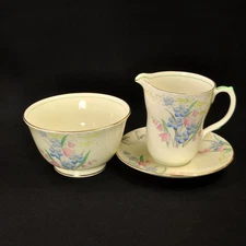 E Brain Foley Creamer w/Saucer Sugar Hand Painted Floral #V1915 w/Gold 1930-1948