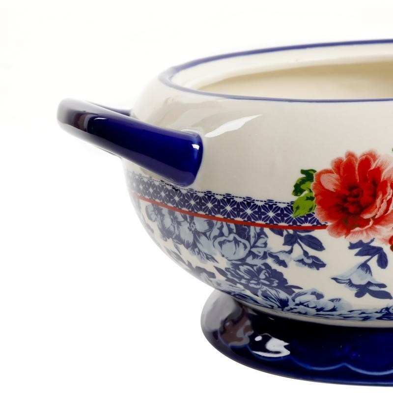 Ceramic Soup Tureen W/ Ladle Vintage Floral Design Food Safe Serving Dish Blue