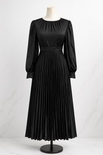 Black Pleated Midi Dress Long Sleeve ,Elegant ALine Dress. Evening Occasion Wear