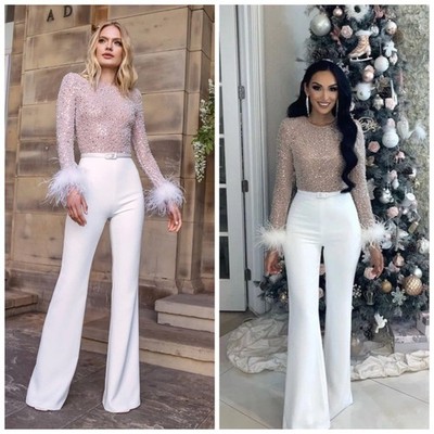 Nadine Merabi Jumpsuit Amelia weiß verziert Perlen Federbündchen XS UK 6 NEU