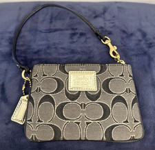 Coach Black/Gray Signature Logo Wristlet Zip Pouch Lined Gold Hardware
