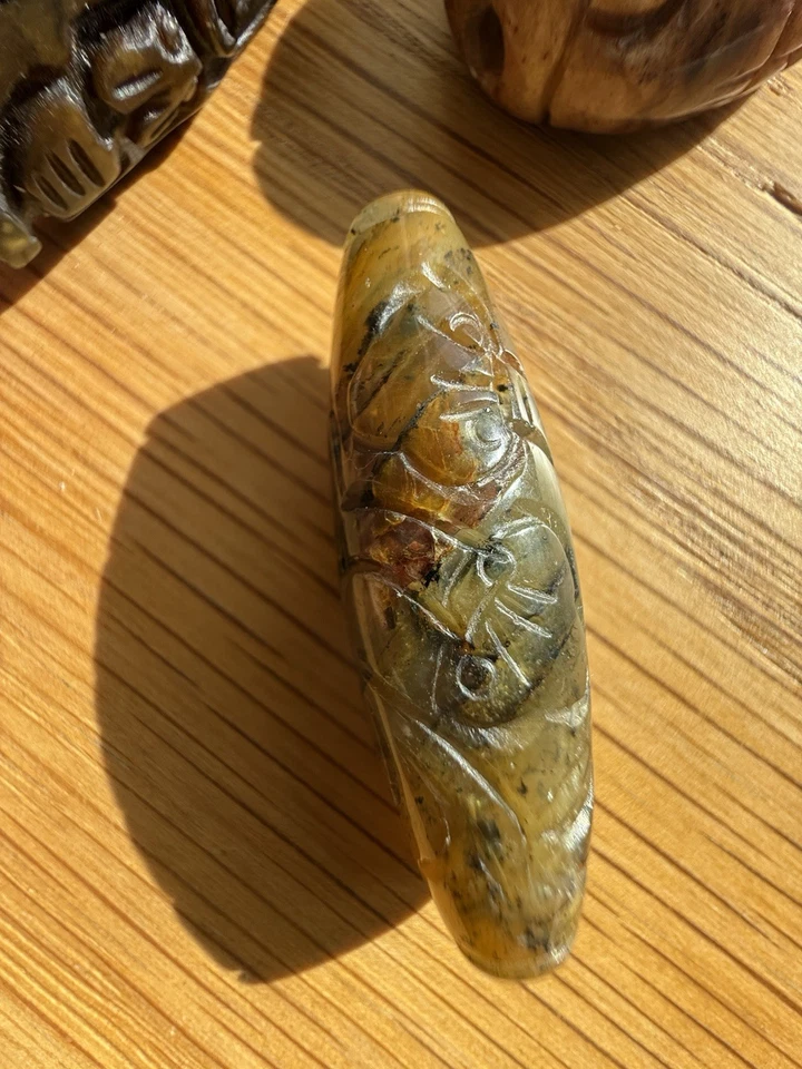 Vintage Chinese Export Carved Prayer Russet Moss Red Green Jade Bead Pendant Lot - Image 4 of 4