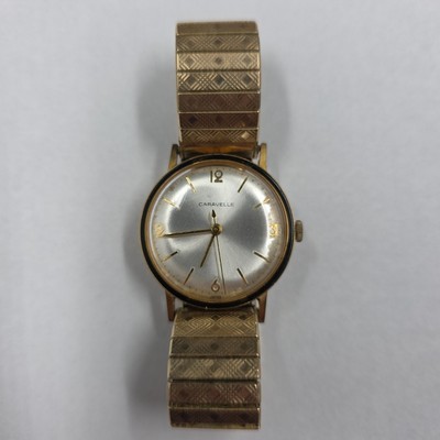 Vintage Caravelle By Bulova Manual Wind Men's Wristwatch Gold Tone w/ Band 