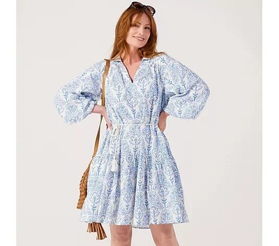 BNWT YAS Cinni Blue/White Tile Print Organic Cotton Short Dress - UK 10 - NWT
