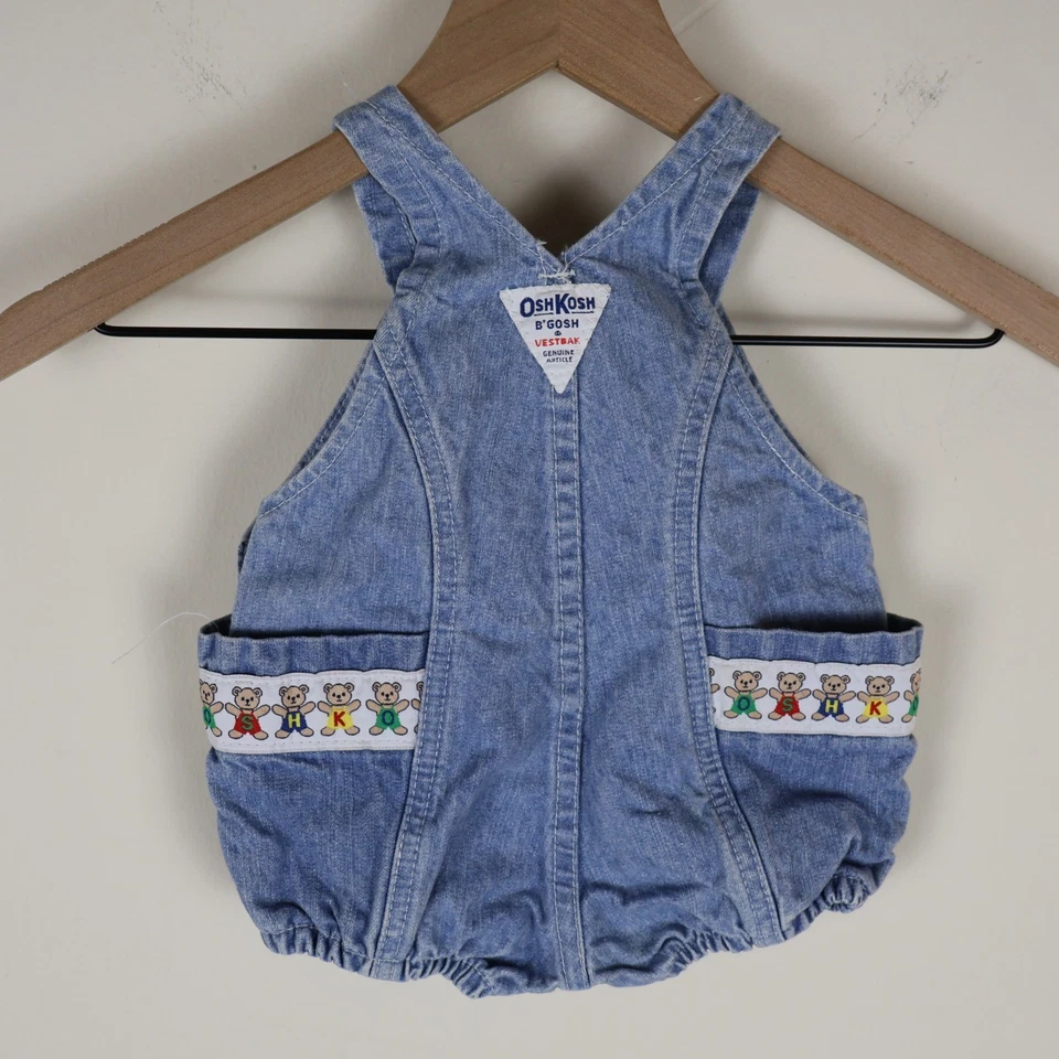 Vintage 80s OshKosh B’gosh Vestbak Blue Denim Teddy Bear Trim Baby Overalls 3/6M - Image 2 of 4