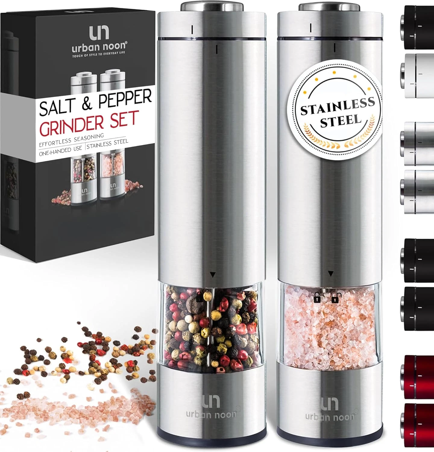 Electric Salt and Pepper Grinder Set - Battery Operated Stainless Steel Mill wit