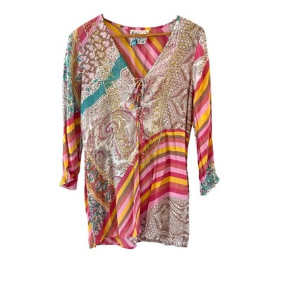Faith Paisley Patchwork Tunic Top Womens M Multicolor Sequin Boho Sheer Beach