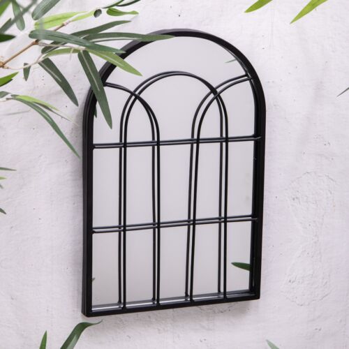 Small Black Wall Mirror Metal Arched Window Vintage Style Home Or Garden 30cms - Picture 2 of 4