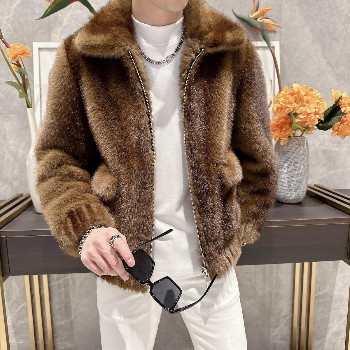 Double-sided Gold faux Mink Fur Jacket Men's Fashion Faux Fur