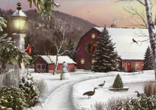 Barn Snowman and Cardinal on Fence in Winter Box of 15 Christmas Cards