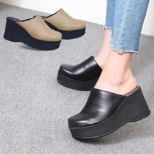 epdavin Women's Closed Toe Platform High Mid Heel Backless Slip On Slides Mules