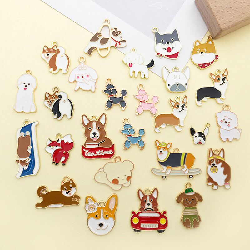 26PCS Mixed Enamel Dog Charms Animal Pendants Jewelry Making Necklace