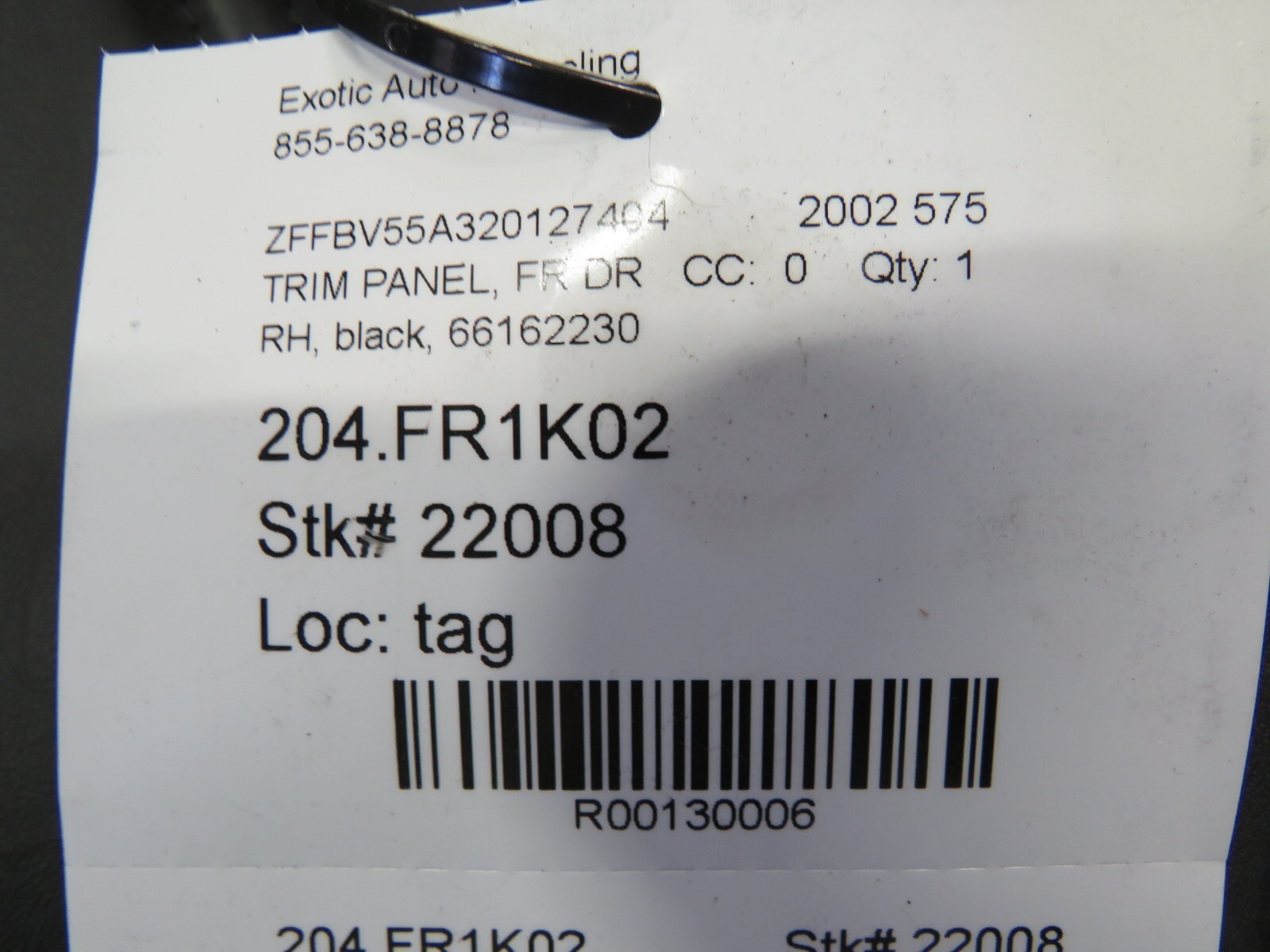Ferrari 575, RH, Right, Front Door Trim Panel, Black, Used, P/N 66162230