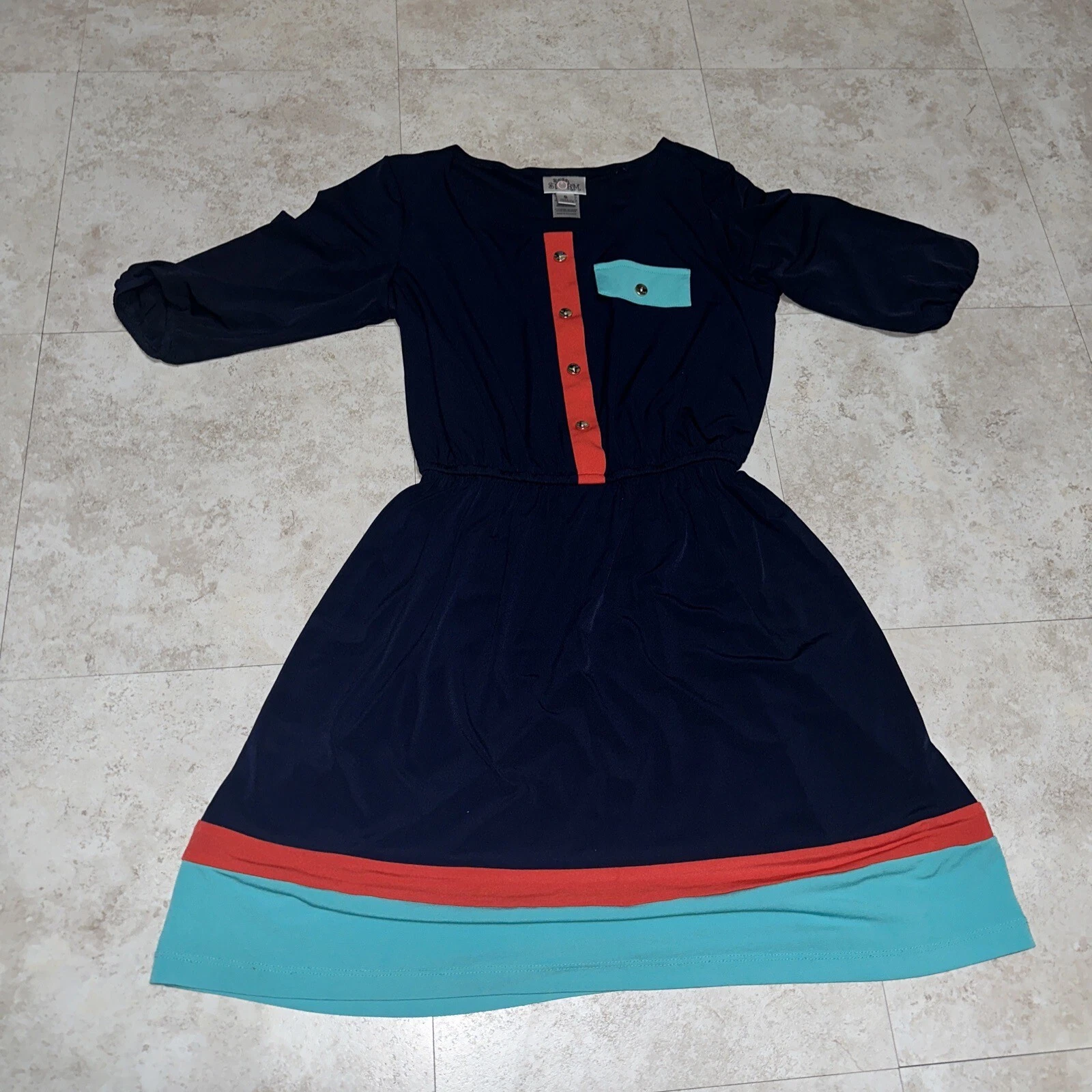 Sweet Storm Navy Blue A line Stretch COLORFUL Dress Juniors Girl Size S