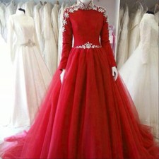 Red Muslim Wedding Dresses High Neck Tulle Crystal A line Bridal Gowns Train