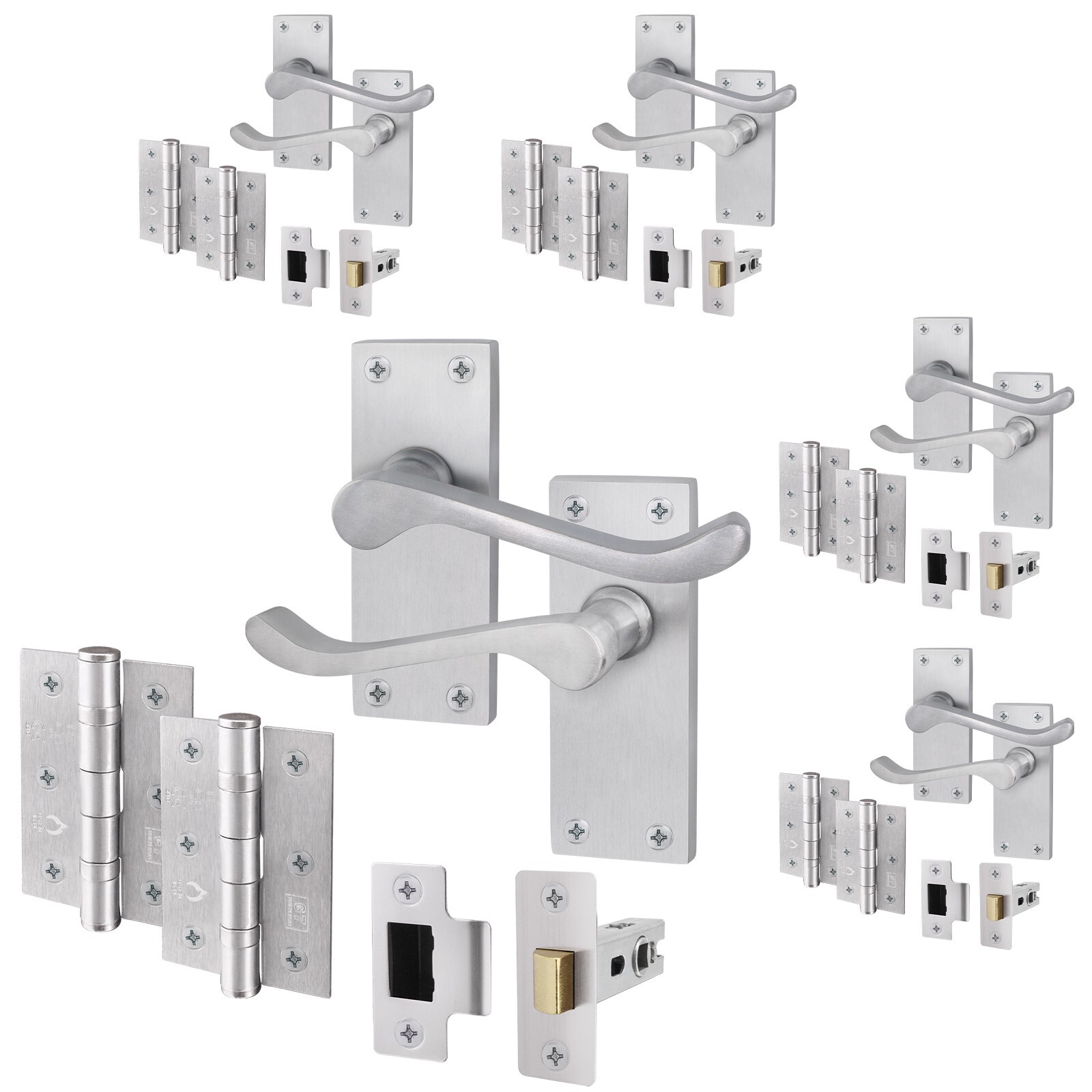 Satin Chrome Victorian Scroll Door Handle & Latch Set with Hinges 76mm, 5 Pack