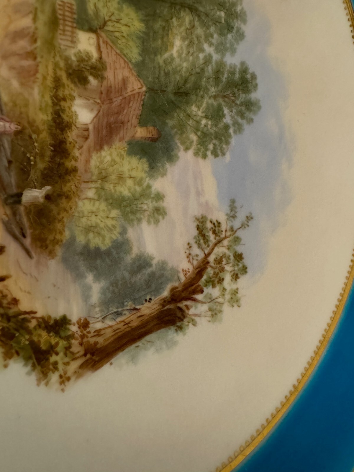 Antique Minton Porcelain Compote Blue Gold & Painted Landscape Scenes Decoration