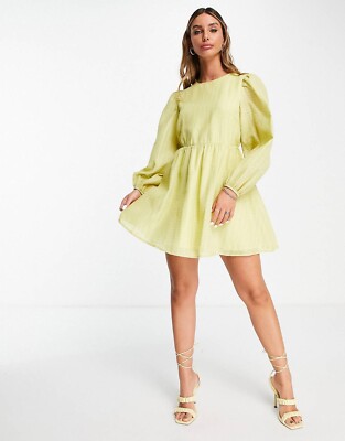 Ghospell a-line mini dress with puff sleeve in bright yellow SZ L | eBay