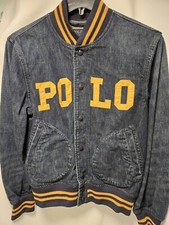 POLO RALPH LAUREN Denim Letterman Spellout BASEBALL Varsity JACKET Med