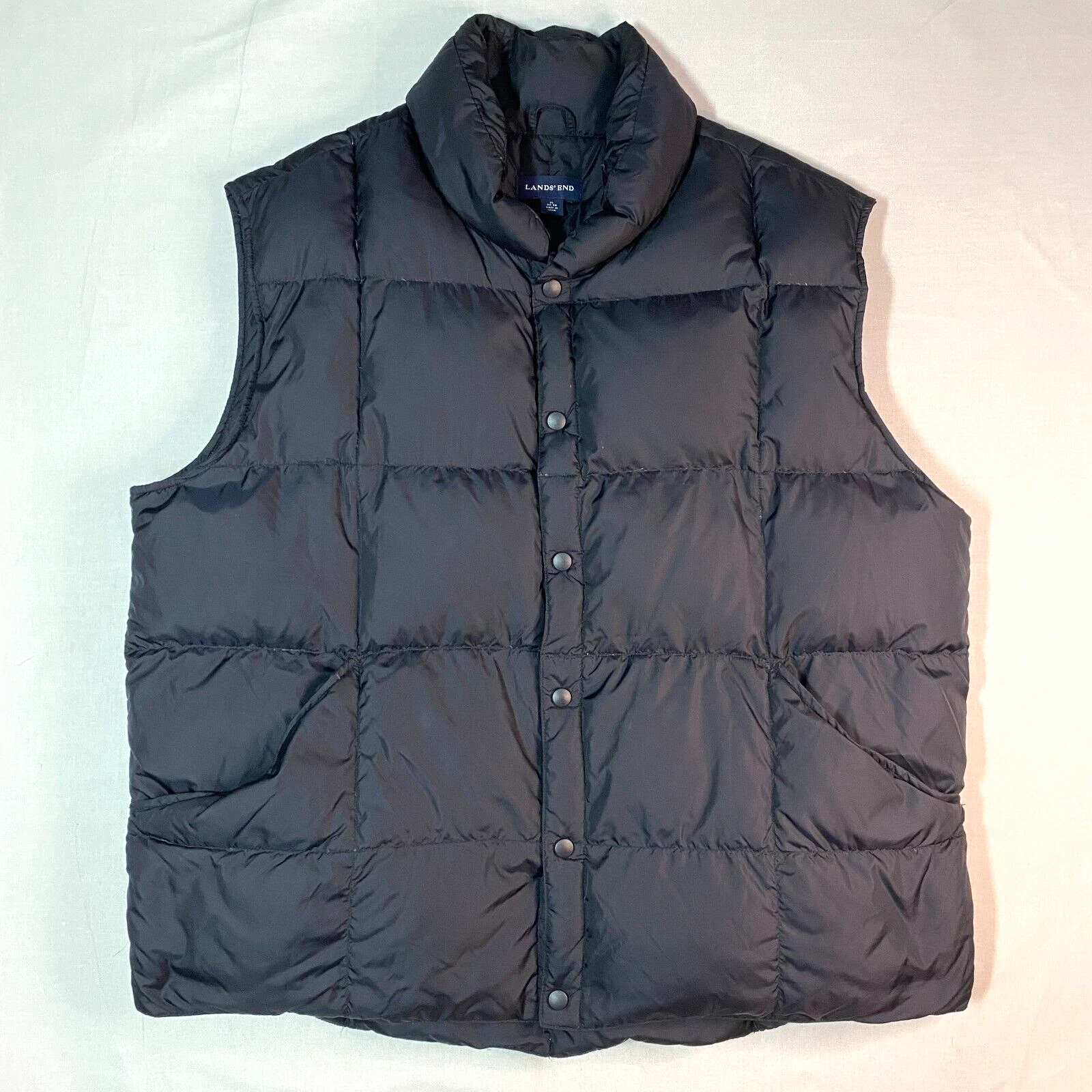 Vintage Lands’ End Goose Down Puffer Vest Mens XL 46-48 Blue Quilted Gilet Snap