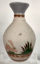 Mexican Pottery Hand painted Sanded Tonala Bunny/Rabbit Cattails7"T Vase Décor