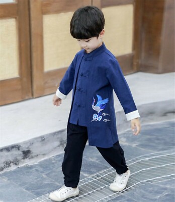 Kids Boy Chinese New Year Asian Blue Traditional TANG HAN Costume