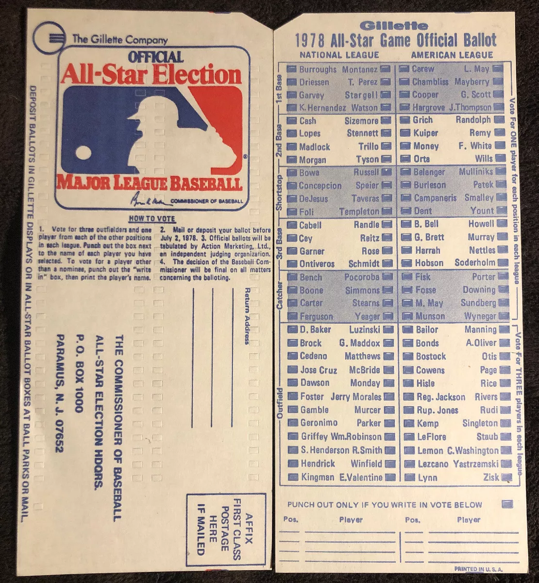 1978 MLB All-Star Baseball Game Unused Ballot | eBay