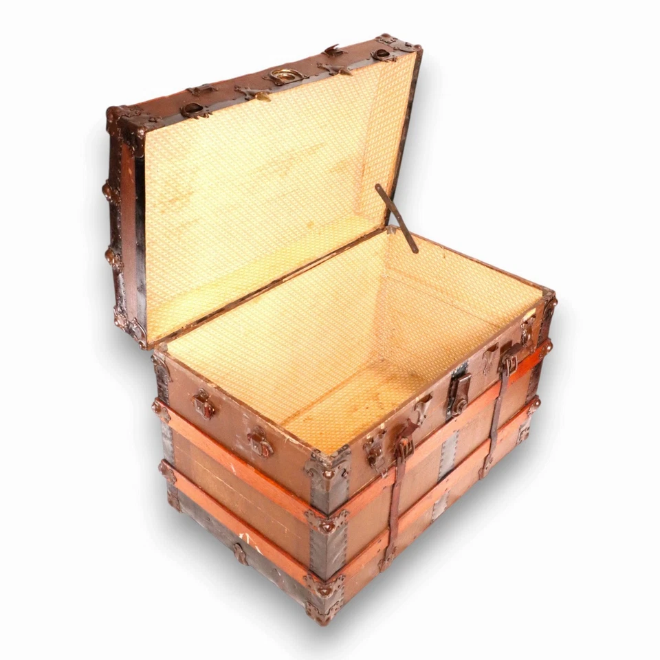 Flat Top Antique Steamer Trunk Brown Canvas Pirate Chest Coffee Table 1890's  - Image 3 of 4