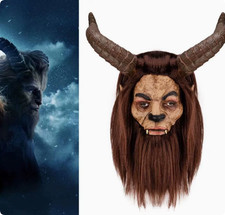 Beast Full Head Latex Mask with Horns Brown Hair Halloween Cosplay Costume Pro