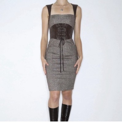 Vintage Y2K Bebe Corset Waist Bodycon Midi Dress Real Leather Straps Size 4  | eBay