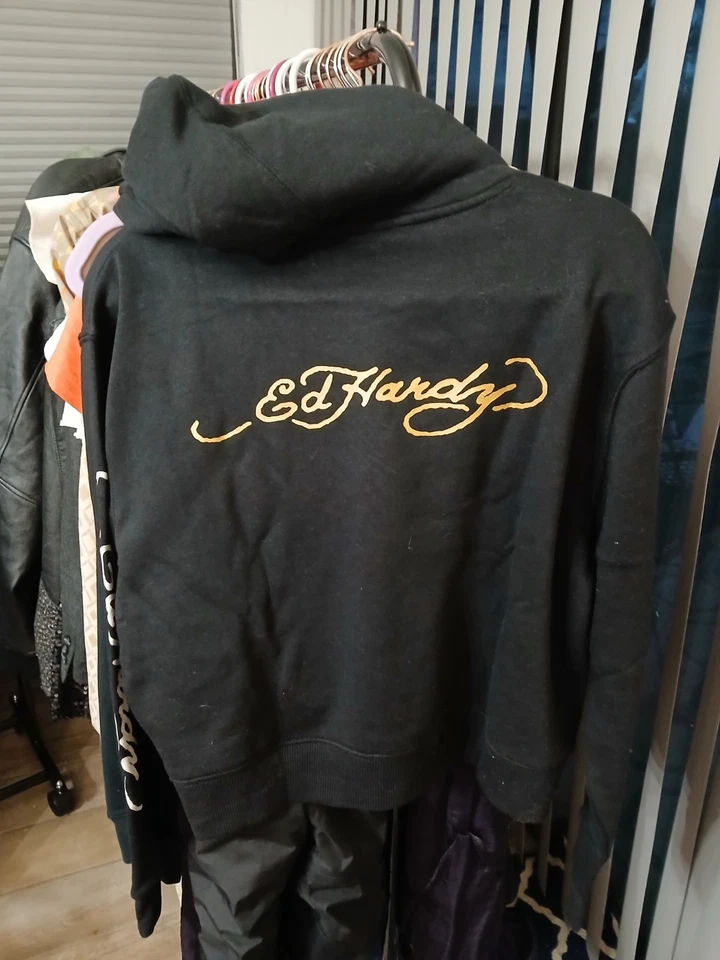 NUEVO CON ETIQUETAS Ed Hardy Sudadera con Capucha Negra DEH Corazón Daga Mujer Talla L Foto 4 de 4