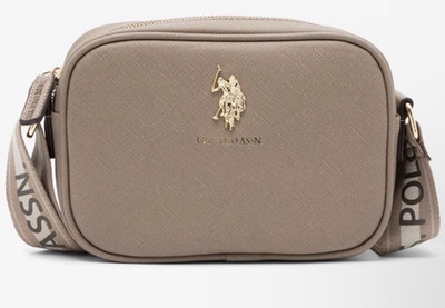 U.S. Polo Assn. Taupe Logo Crossbody Bag, Web Strap, Gold Zip Closure
