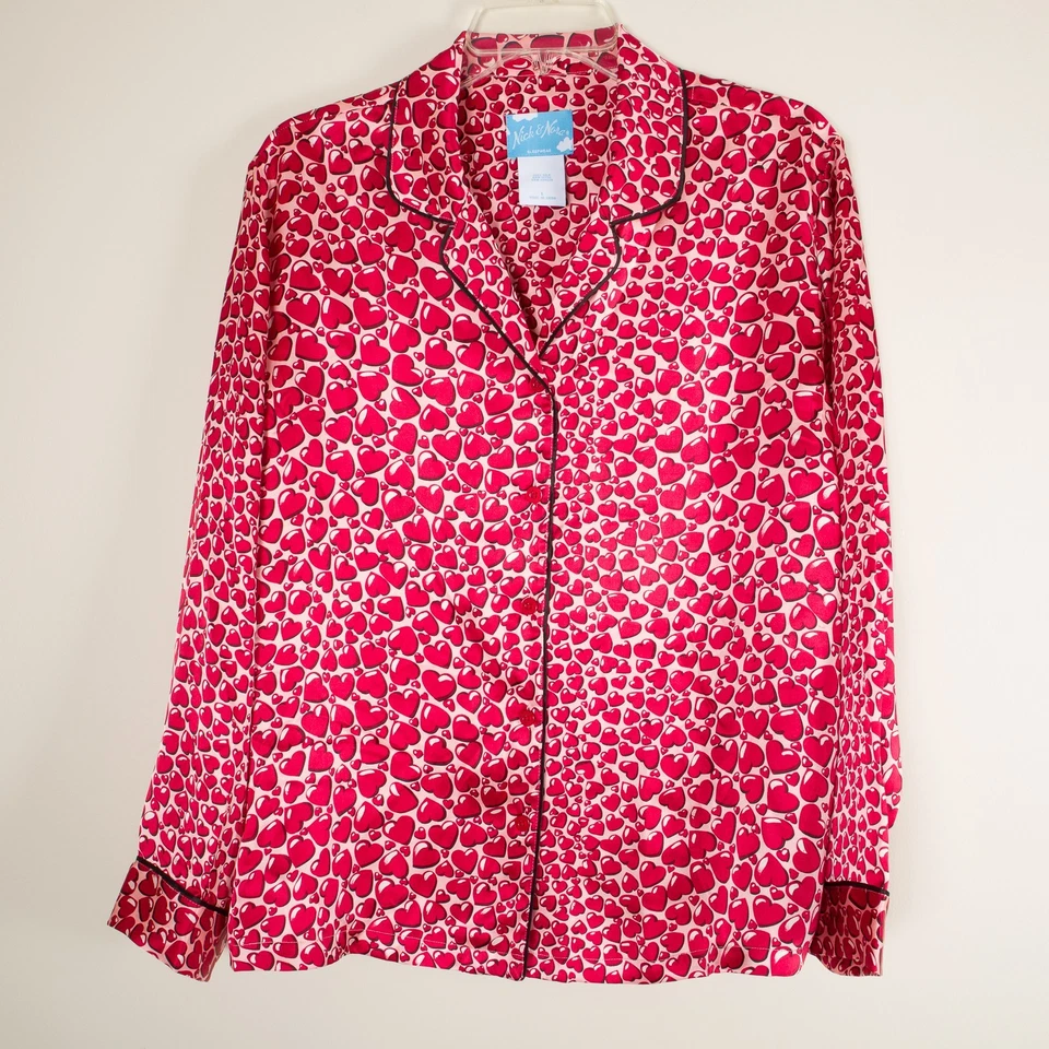 💖 Conjunto de pijama NICK & NORA corazón rojo 100 % seda manga larga pijamas pantalones M/camisa L Foto 4 de 4