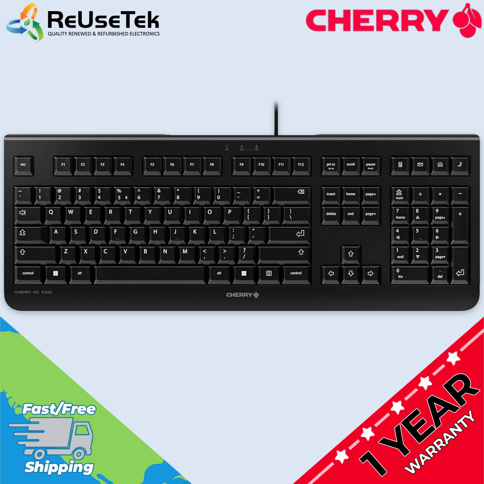 Cherry KC 1000 Wired USB Keyboard | Adjustable Tilt | Ultra-Quiet Keys | Black