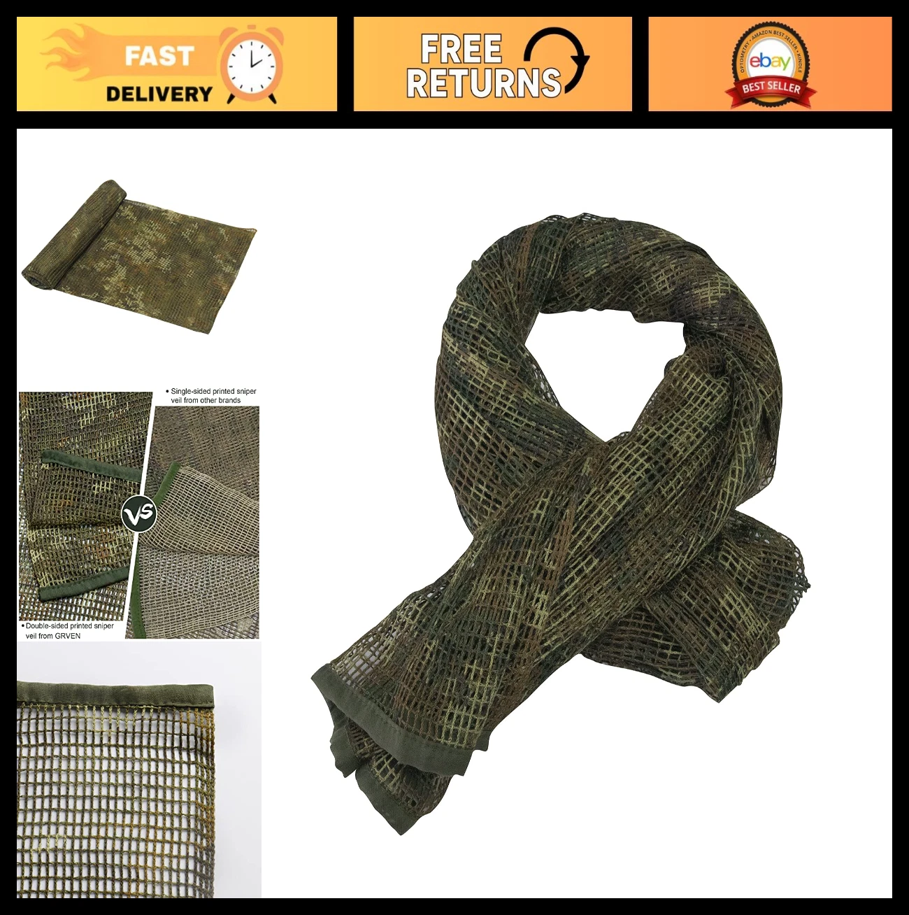 Tactical Sniper Veil Scarf - Double-Sided Camouflage Mesh Net for Military Use
