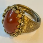 Vintage Miriam Haskell Hammered Brass Ring Red Cabochon Signed Couture