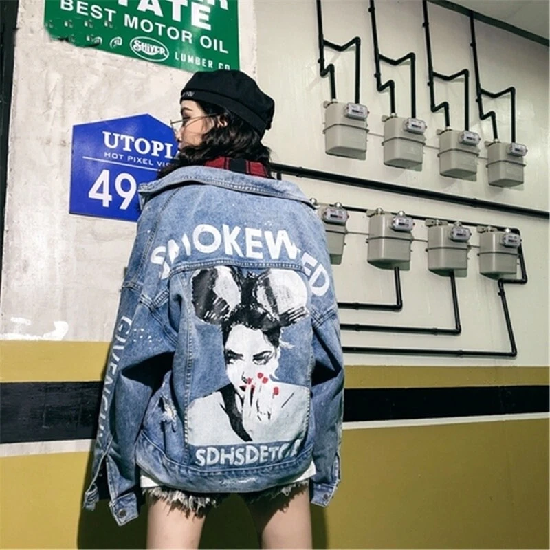 Women Loose Denim Jacket Back Character Letter Print Punk Style Oversize Coat
