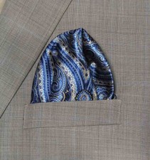 Gascoigne Pocket Square Scroll and Floral Elements Blue Tan Black Men's