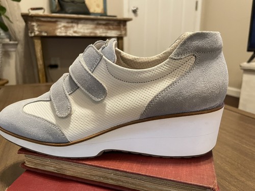 Mocasines Beltrami de cuero con gancho y bucle para mujer 7,5-38,5 Italia azul blanco dinero nuevos - Imagen 11 de 12