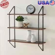 3 Tier Wall Shelf Walnut Finish Metal Brackets Decorative Storage Display New