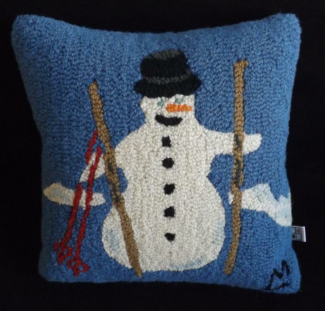Chandler 4 Corners Snowman Skier Wool Hooked 16" Pillow Laura Megroz eBay