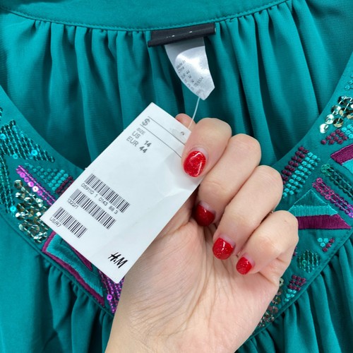New H&M Sundress Women 14 Green Midi Sequin Round Neck Short Sleeve Casual - Picture 8 of 10