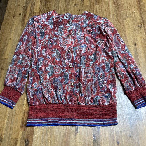 Gonna e camicetta vintage rossa a pieghe paisley manica lunga, made in USA, taglia 18 - Foto 7 di 12