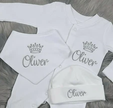Personalised Baby grow, Hat and Bib Set, Sleepsuit, Embroidered Crown Boy Girl