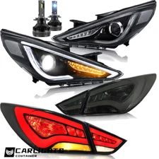 VLAND Headlights +SMOKED Taillights + LED Bulbs For Hyundai Sonata Sedan 2011-14