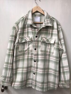 Bershka Plaid Woman's Oversized Overshirt Jacket Cream Green