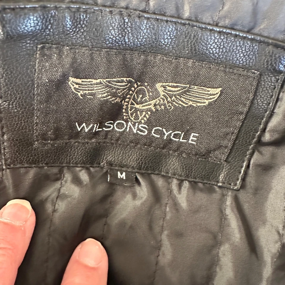 Wilsons Cycle Faux Leather Jacket Mens Medium Skull Patch FLAW Motorcycle - Image 2 of 4