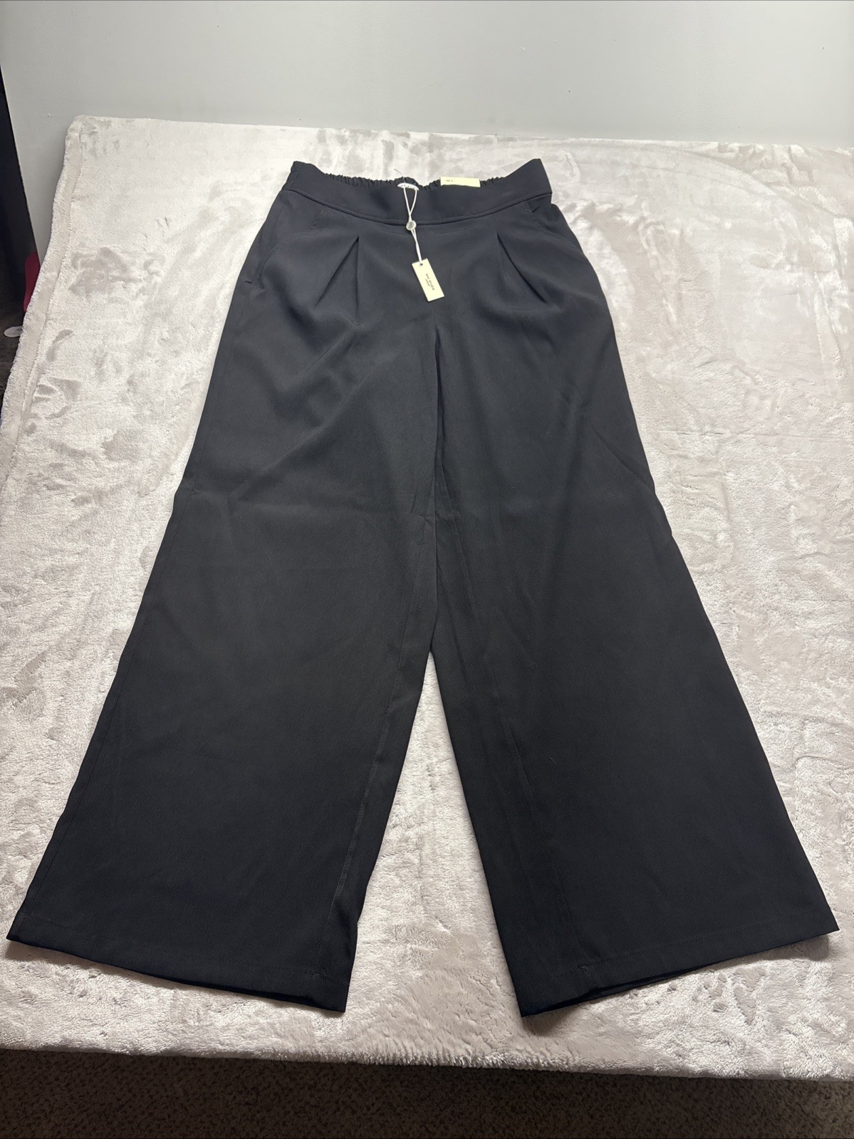 MAX STUDIO LONDON Women's High Rise Elastic Back Wide Leg Pants Black Large